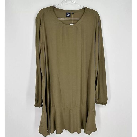 Gap Flounce Hem Dress Long Sleeve Swing Olive Green NWT Women’s Size XXL - Picture 1 of 10